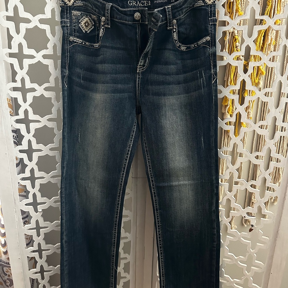 Grace in LA Blue Straight Leg Jeans with Distressed Finish